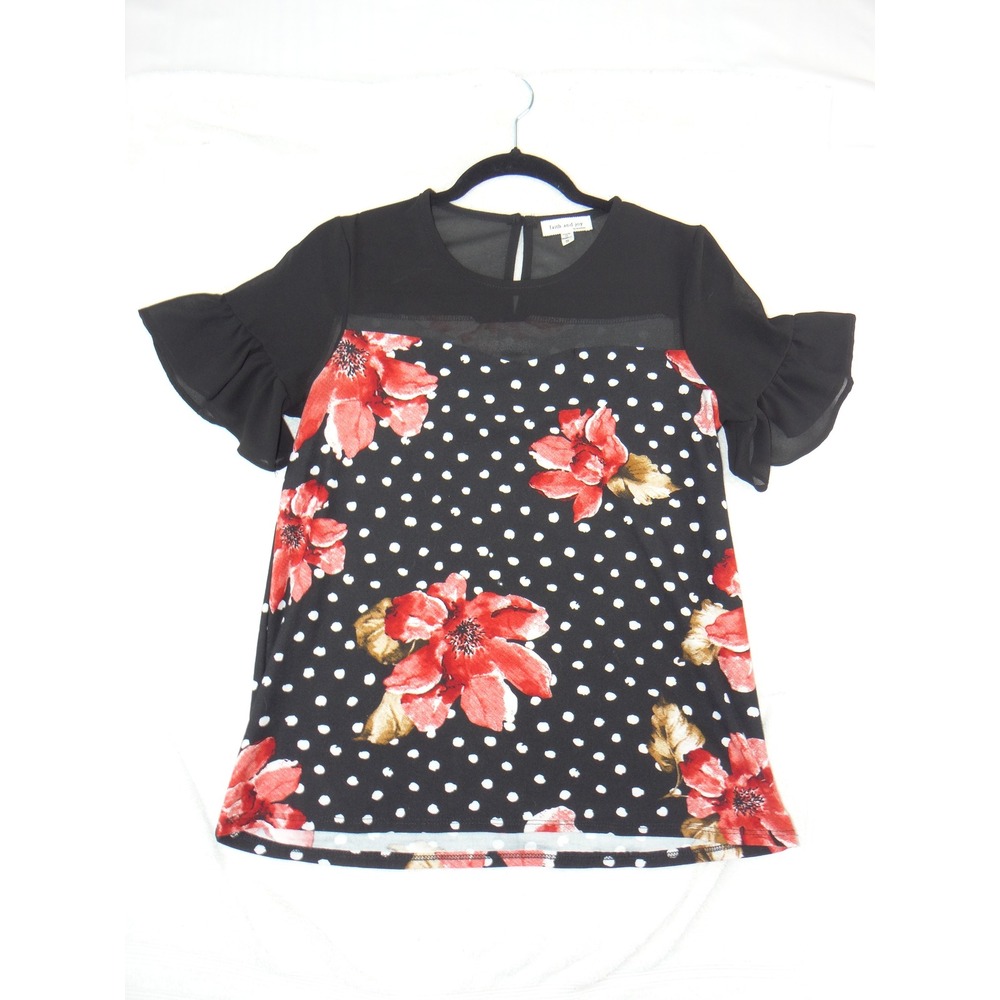 Faith and Joy by Monteau Womens Black Floral Polka Dot Ruffle Mesh Blouse S